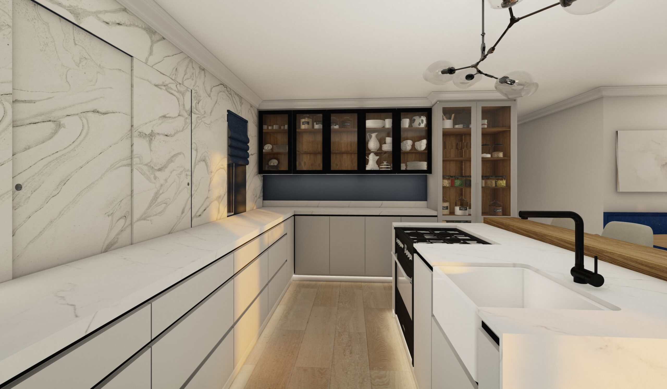 Contemporary Kitchen with Stone Cladded Sliding Doors